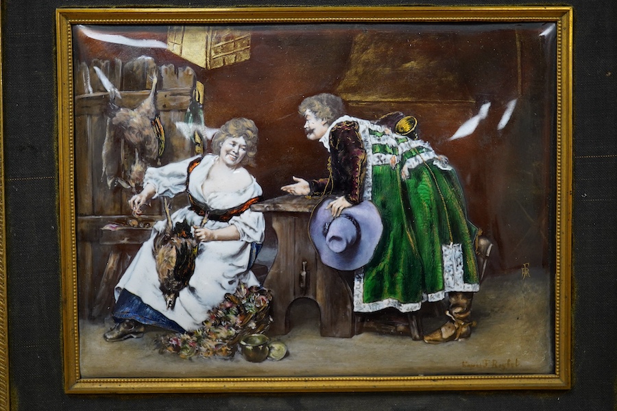After Ferdinand Roybet (1840-1920), a framed Limoges enamel plaque, 11.5x15.5cm. Condition - fair